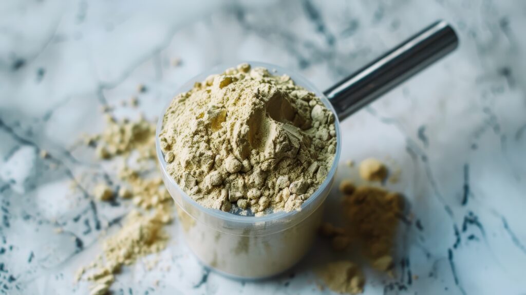 Plastic scoop filled with pea protein, plant based